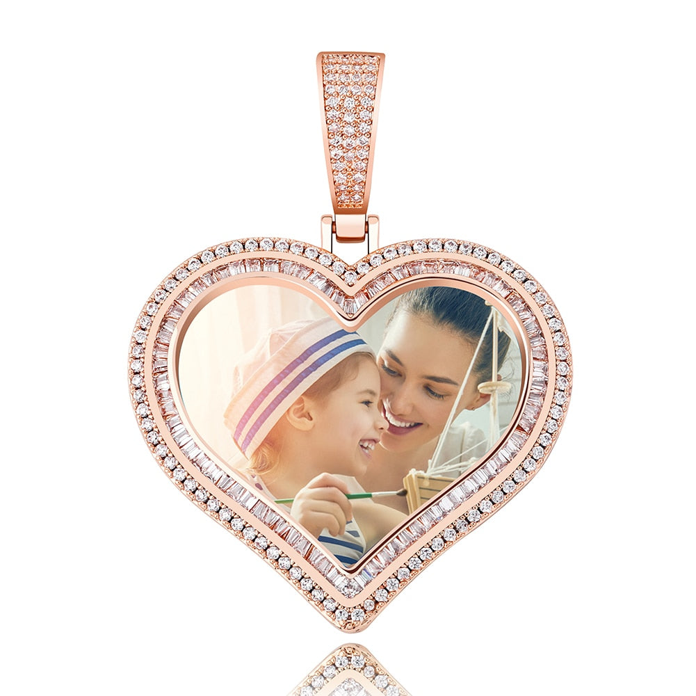 Custom Photo Pendant Heart-shaped Medal Pendant Necklace Iced Cubic Zirconia