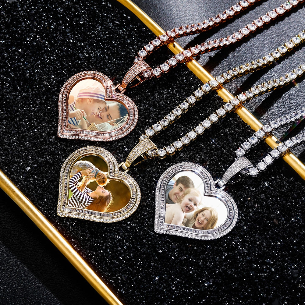 Custom Photo Pendant Heart-shaped Medal Pendant Necklace Iced Cubic Zirconia