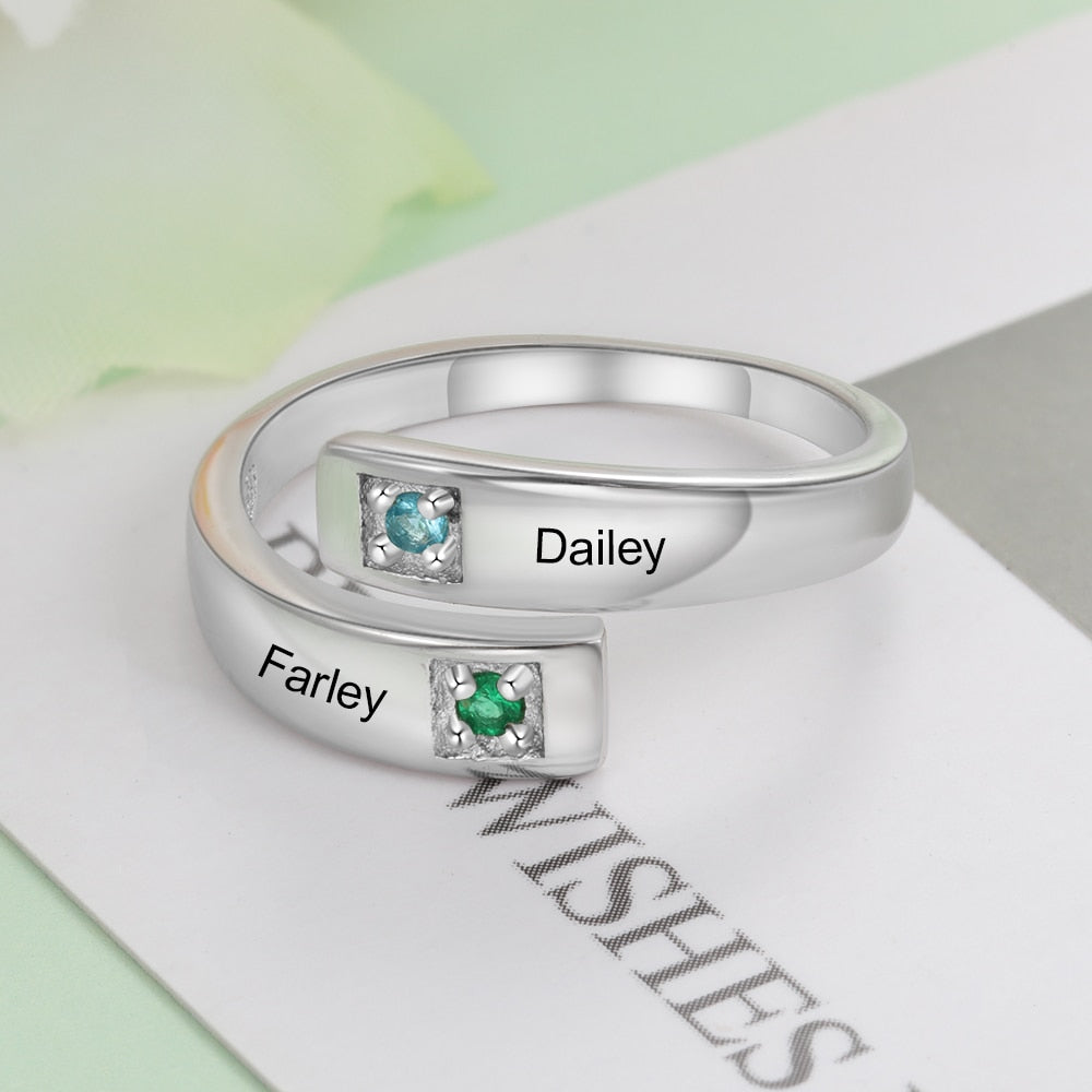 Personalized Women Rings with Birthstone Custom 2 Names Engraved Adjustable