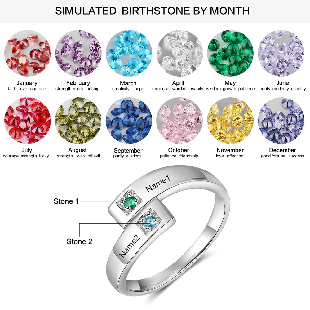 Personalized Women Rings with Birthstone Custom 2 Names Engraved Adjustable