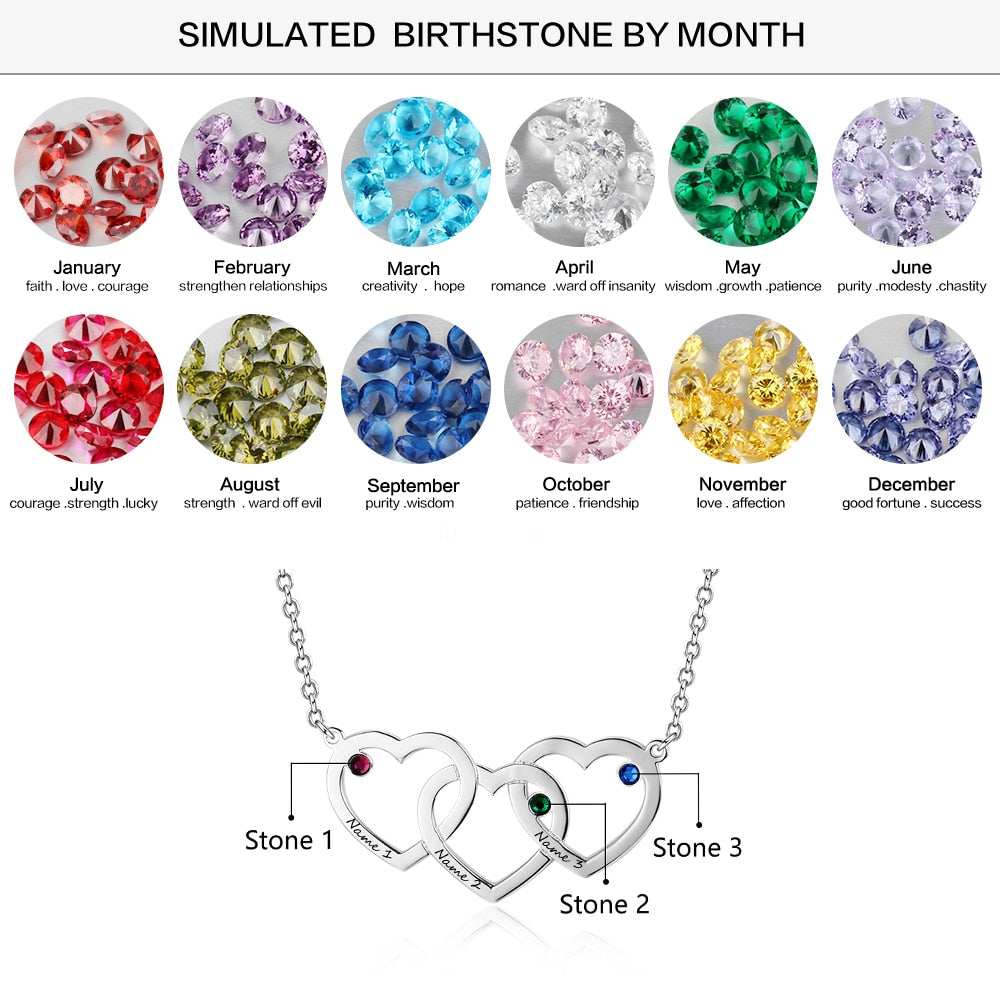 Personalized Intertwined Hearts Necklace with 3 Birthstones