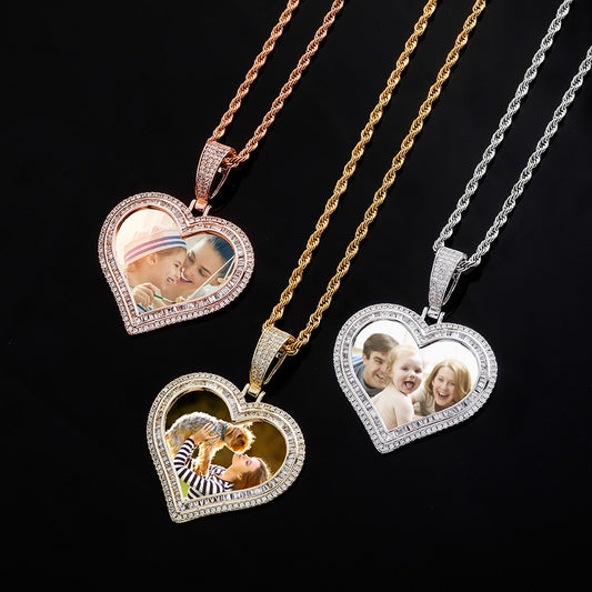 Custom Photo Pendant Heart-shaped Medal Pendant Necklace Iced Cubic Zirconia