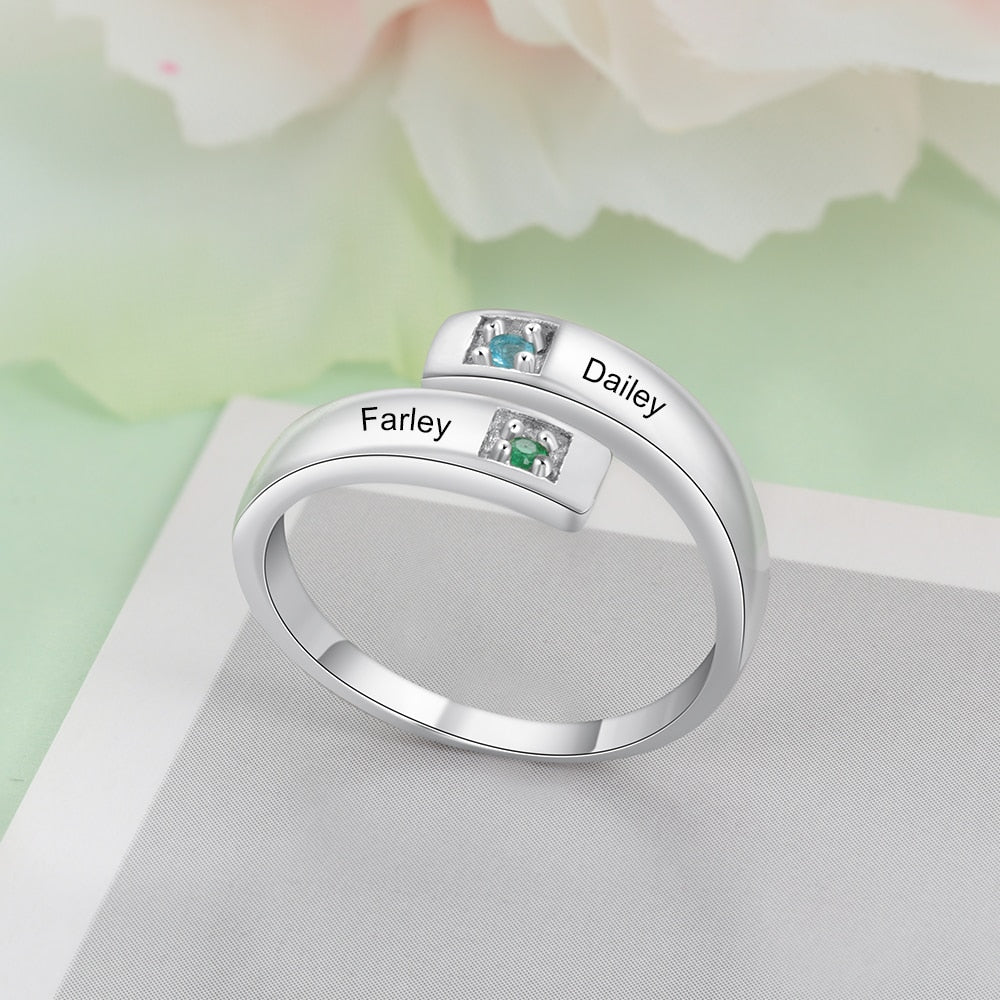 Personalized Women Rings with Birthstone Custom 2 Names Engraved Adjustable